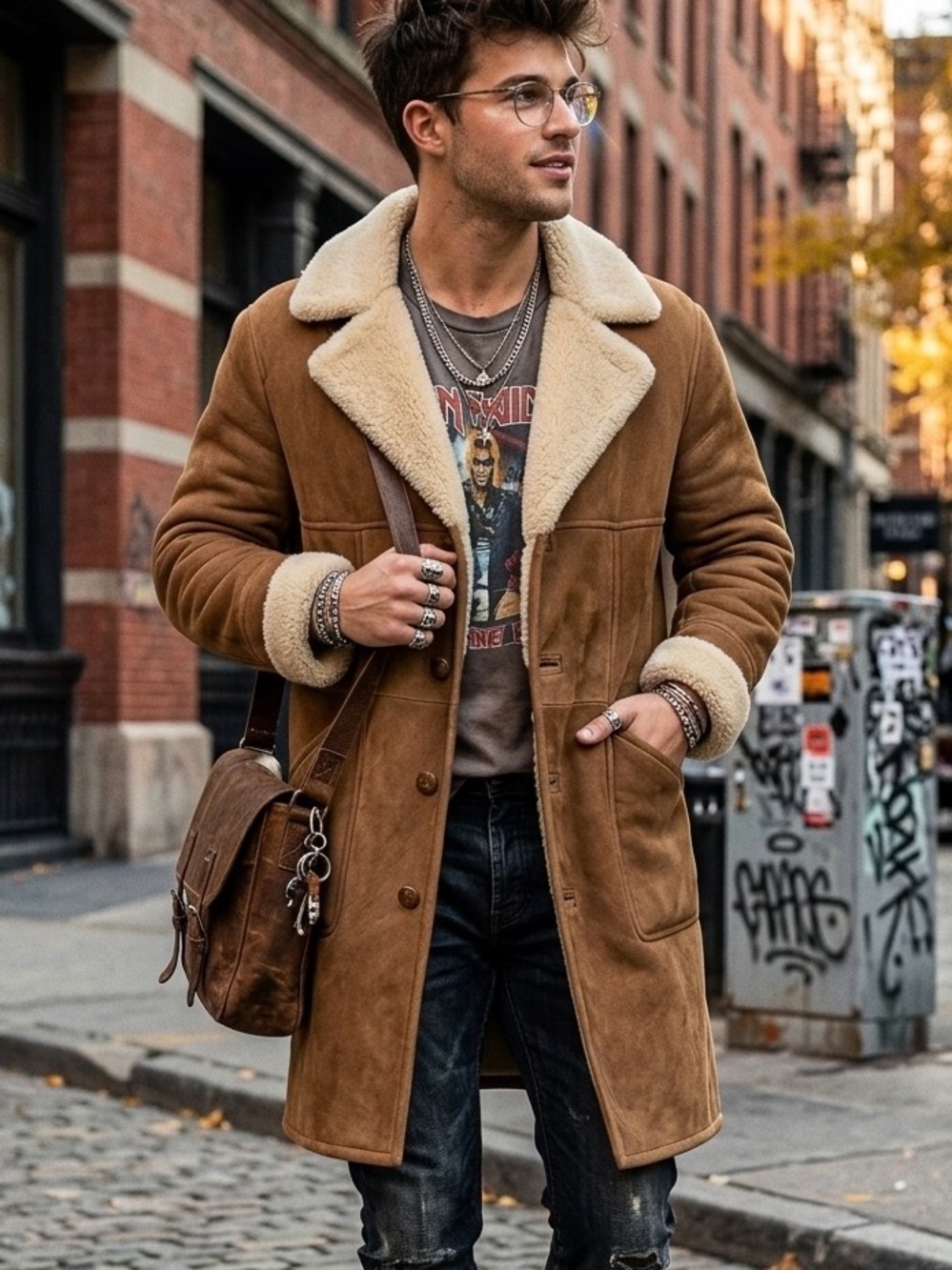 Knight Tailors Vintage Shearling Sheepskin Heavy Winter Jacket Camel Tan Size 44